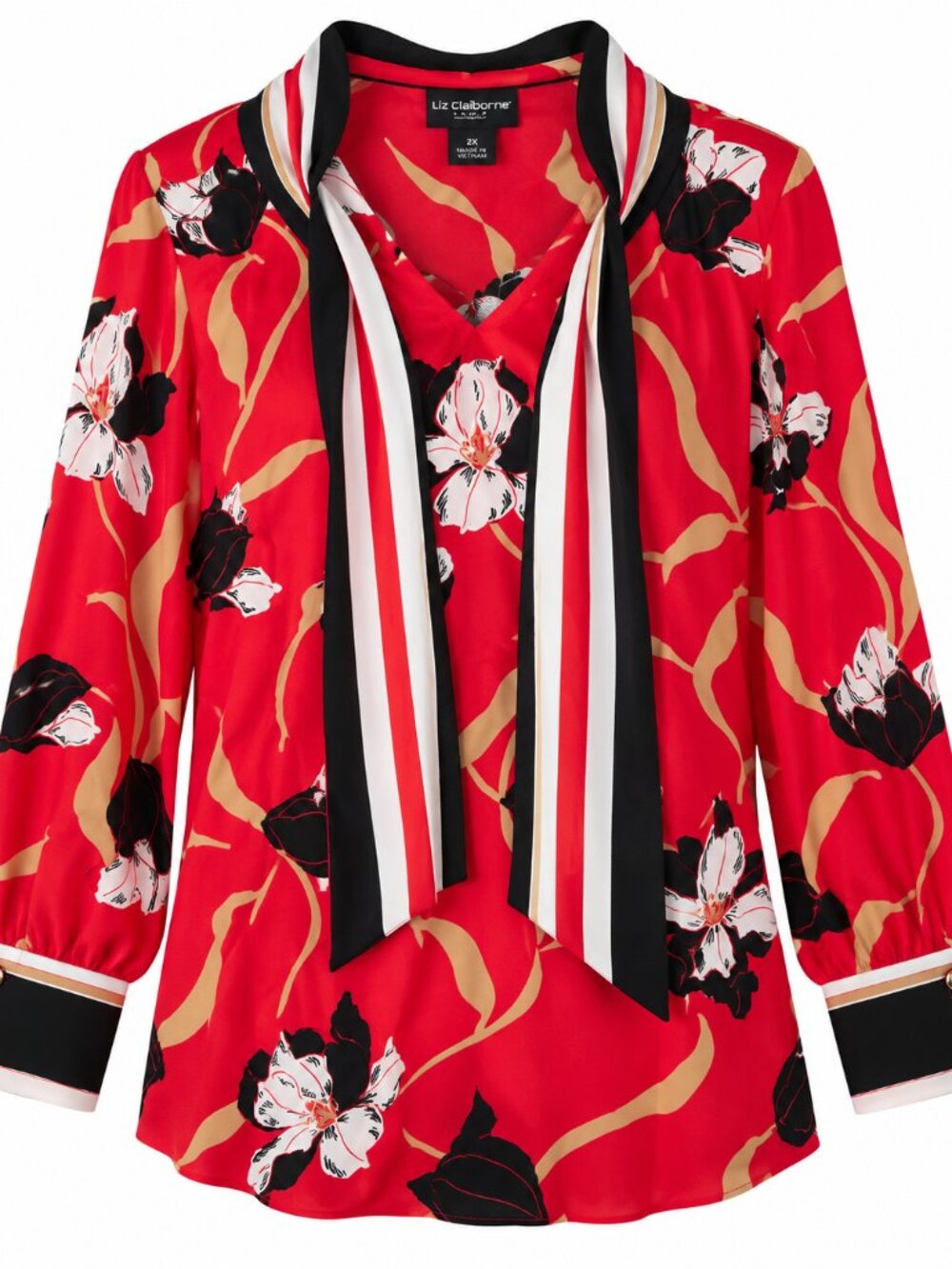 Liz Claiborne 2X Red Floral Tie Neck Blouse Striped Scarf Gold Button Plus